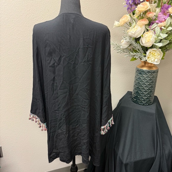 Lilypad Boho Kimono Cardigan | Black Tassel Trim Embroidered Festival Jacket - Picture 4 of 7